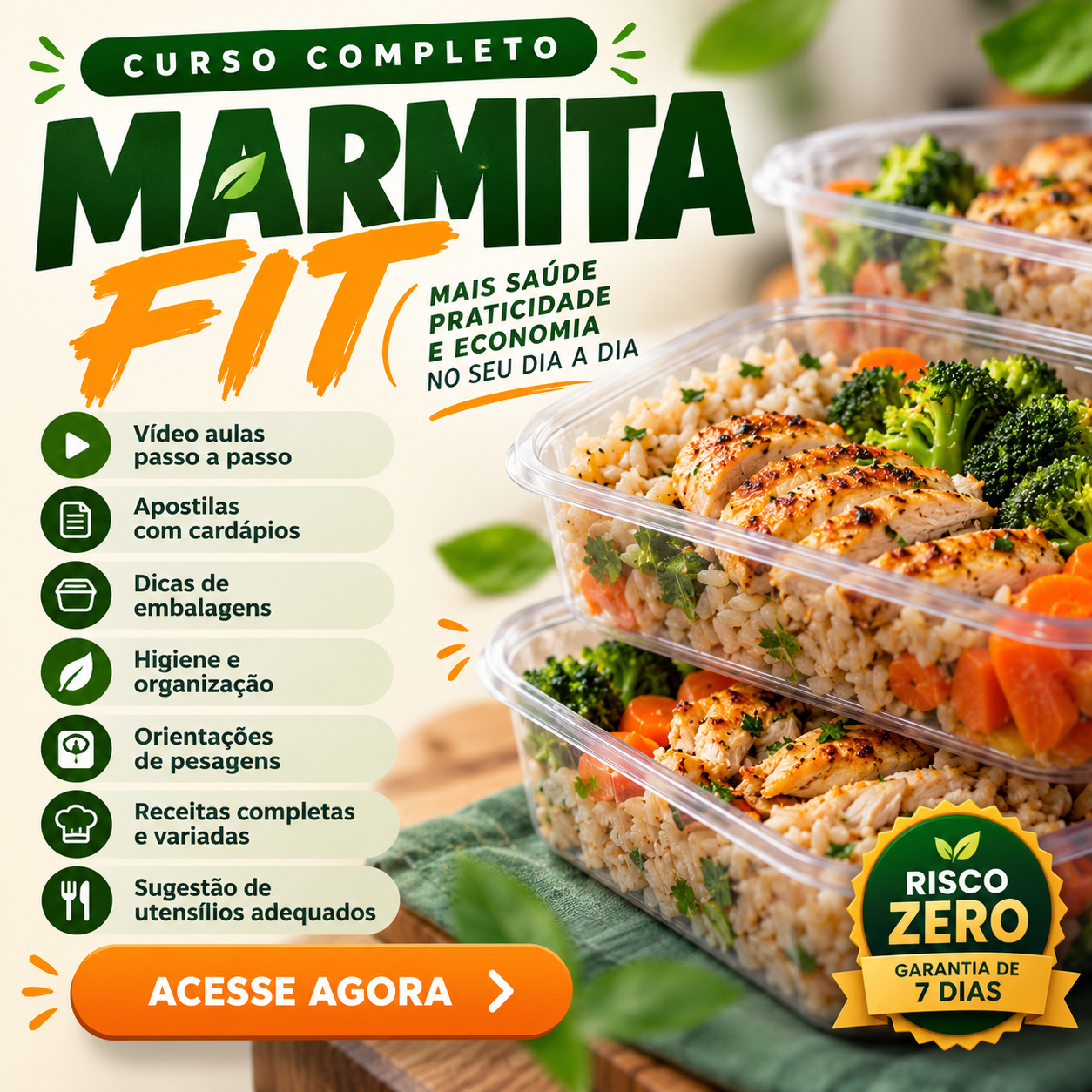 Apresentação do curso Marmita Fit com marmitas e informações de preparo e organização